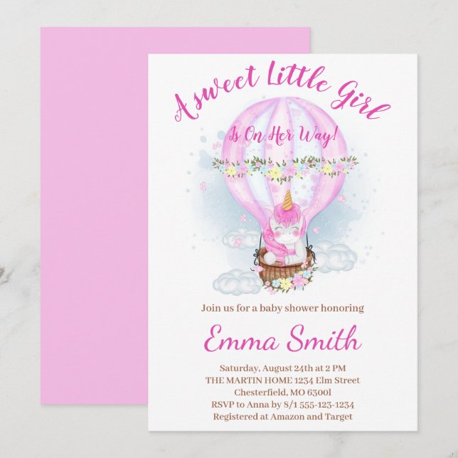 Hot Air Balloon Floral Unicorn Baby Shower Invitat Invitation (Front/Back)