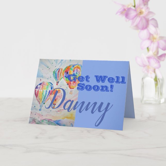 Hot Air Balloon Get Well Soon Mans Name Card (Orchid)