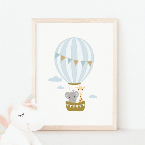 Hot Air Balloon Giraffe  Elephant Nursery Poster