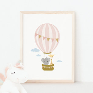Hot Air Balloon Giraffe & Elephant Nursery Poster