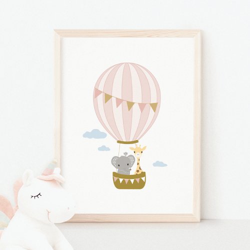 Hot Air Balloon Giraffe  Elephant Nursery Poster