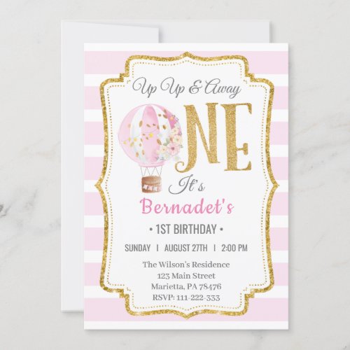 Hot Air Balloon Girl 1st Birthday Invitation