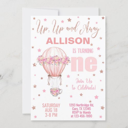 Hot air balloon girl 1st first birthday invite invitation