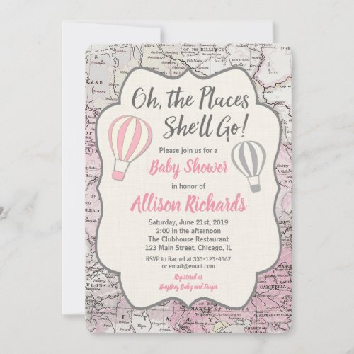 Hot Air balloon girl baby shower invitations pink