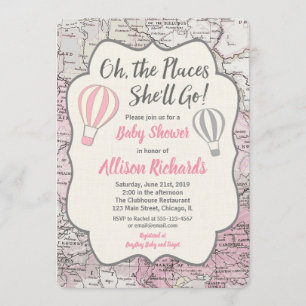 Hot Air balloon girl baby shower invitations pink