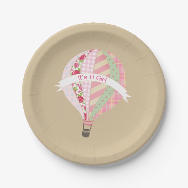 Hot Air Balloon Girl Baby Shower Paper Plates (Front)