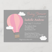 Hot Air Balloon, Girl Baby Shower Party, Grey Invitation