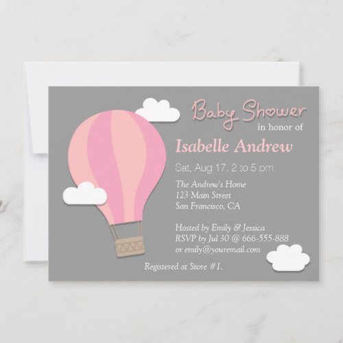 Hot Air Balloon Girl Baby Shower Party Grey Invitation