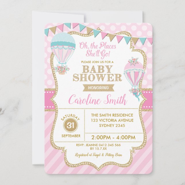Hot Air Balloon Girl Baby Shower Party Invite (Front)