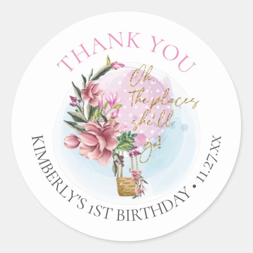 Hot Air Balloon Girl Birthday Thank you Classic Round Sticker