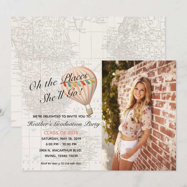 Hot Air Balloon Girl Graduation Invitation (Front/Back)