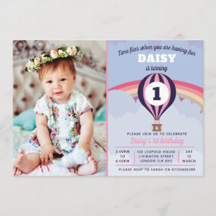 Hot Air Balloon Girls 1st birthday invitation