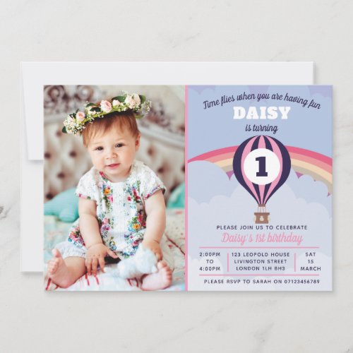 Hot Air Balloon Girls 1st birthday invitation