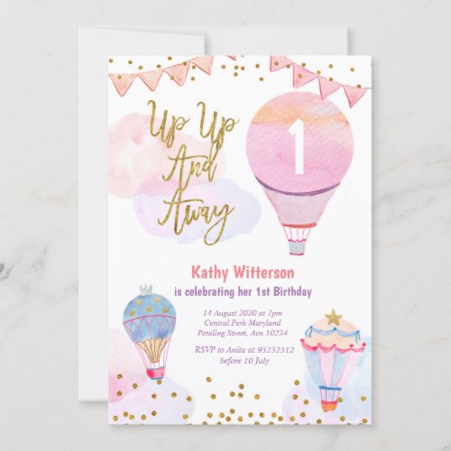 Hot Air Balloon Glitter Girl Baby Shower Invitation