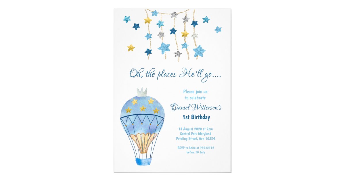 Hot Air Balloon Glitter Star Birthday For Boys Invitation Zazzle Com