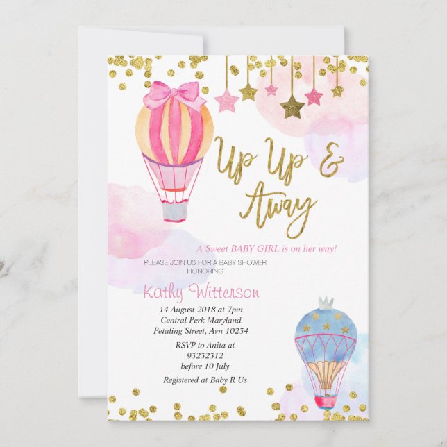 Hot Air Balloon Glitter Star Girl Baby Shower Invitation (Front)