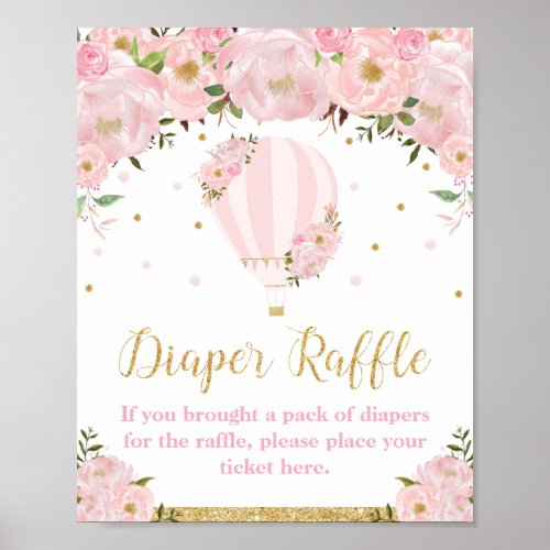 Hot Air Balloon Gold Pink Floral Diaper Raffle Poster