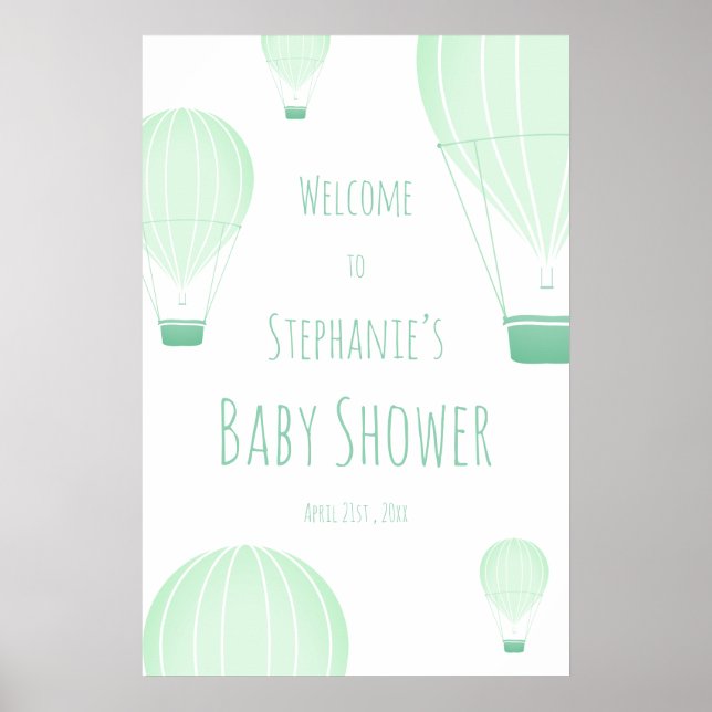 Hot Air Balloon Green Baby Shower Welcome Poster (Front)