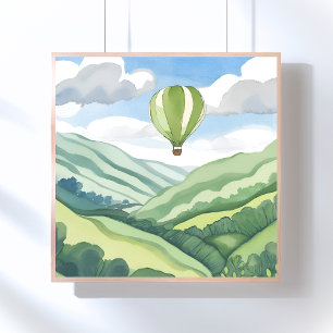 Hot Air Balloon   Green Watercolor Landscape Poster