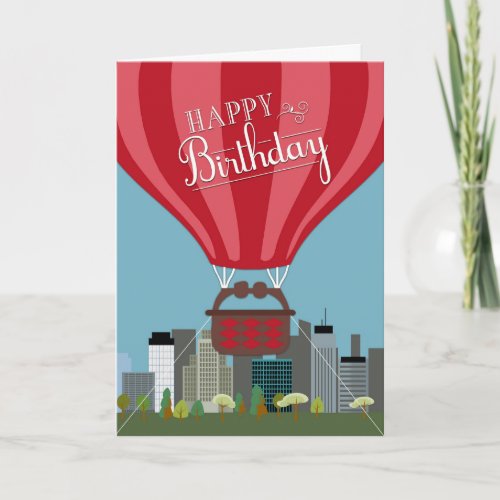 Hot Air Balloon in Front of Skyline Birthday Card