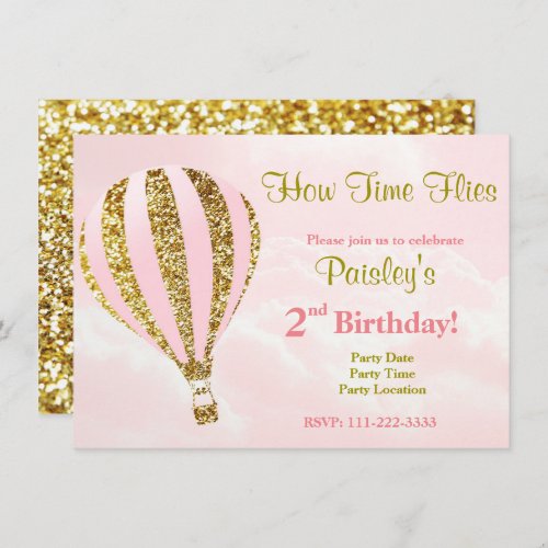 Hot air balloon invitation in pink and gold