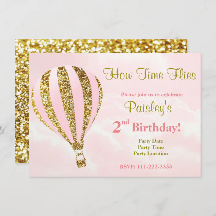 Hot air balloon birthday Invitations in pink and gold 
