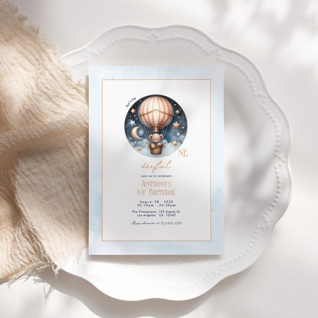 Hot Air Balloon "Isn’t He ONEderful" 1st Birthday Invitation (Hot Air Balloon "Isn’t He ONEderful" 1st Birthday Invitation)