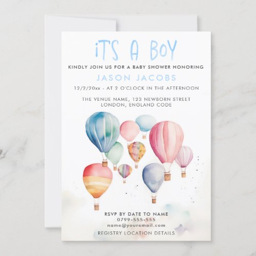 Hot Air Balloon Its a boy baby shower Invitation