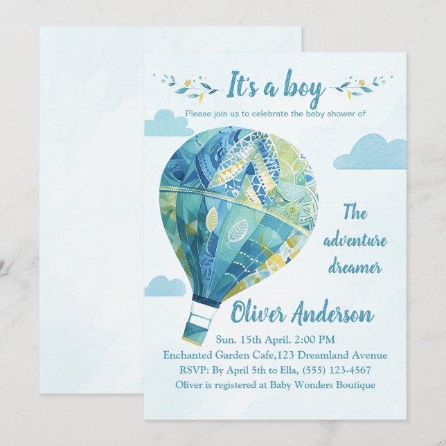 Hot Air Balloon It's A Boy Baby Shower Invitation (Front/Back)