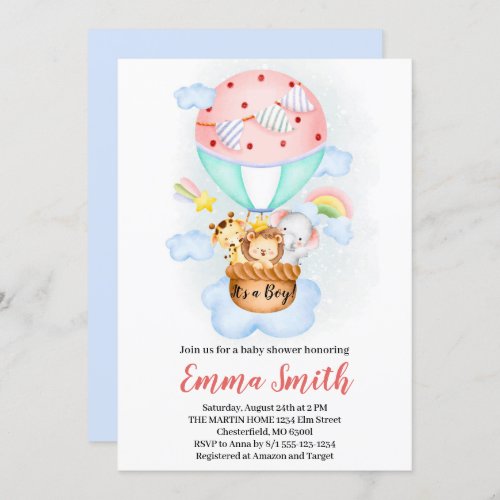 Hot Air Balloon Jungle Animals Baby Shower Invitat Invitation