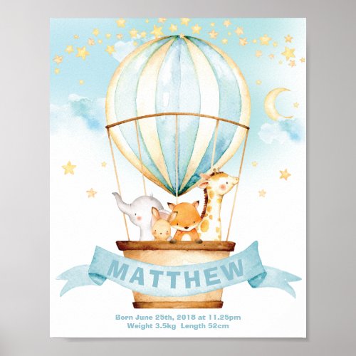 Hot Air Balloon Jungle Animals Boy Birth Stats Poster