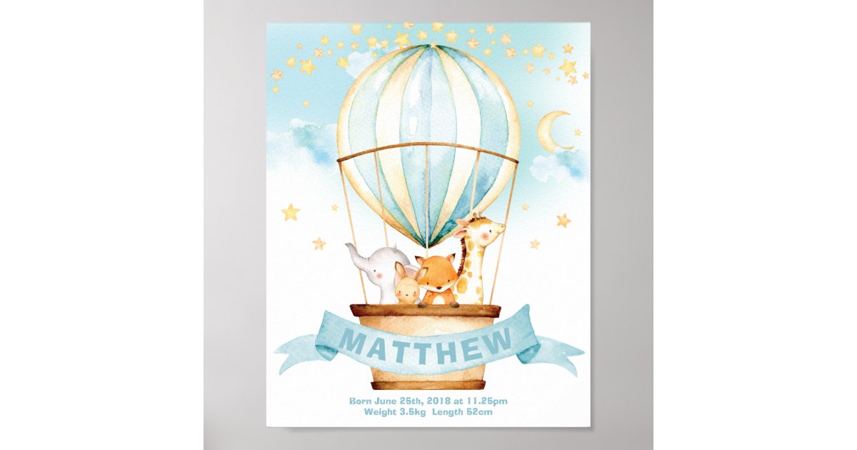 Hot Air Balloon Jungle Animals Boy Birth Stats Poster | Zazzle