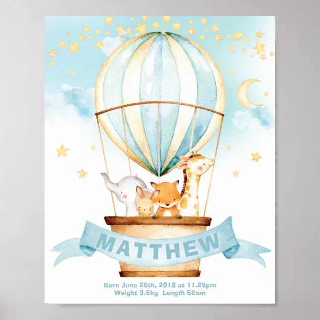 Hot Air Balloon Jungle Animals Boy Birth Stats Poster | Zazzle