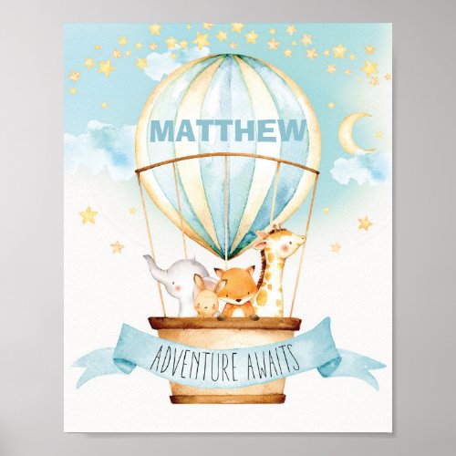 Hot Air Balloon Jungle Animals Boy with Name Wall Poster