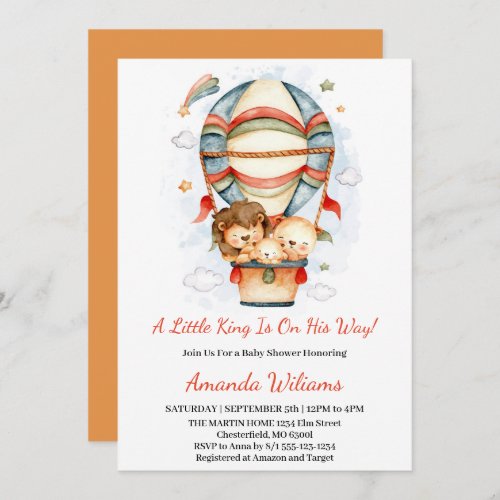 Hot Air Balloon Little King Lion Baby Shower Invitation