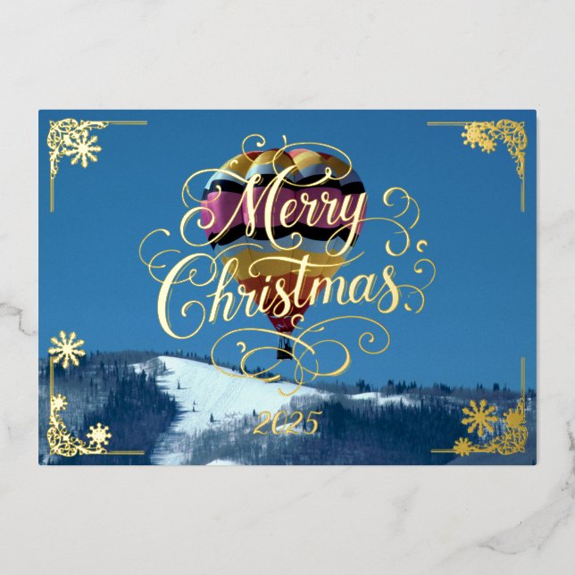 Hot Air Balloon Merry Christmas with Poem Gold Foil Holiday Card (Front)