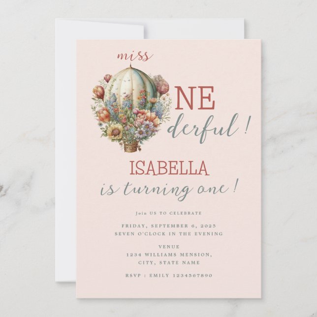 Hot Air Balloon Miss ONEderful Girl 1st Birthday Invitation (Front)