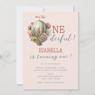 Hot Air Balloon Miss ONEderful Girl 1st Birthday Invitation