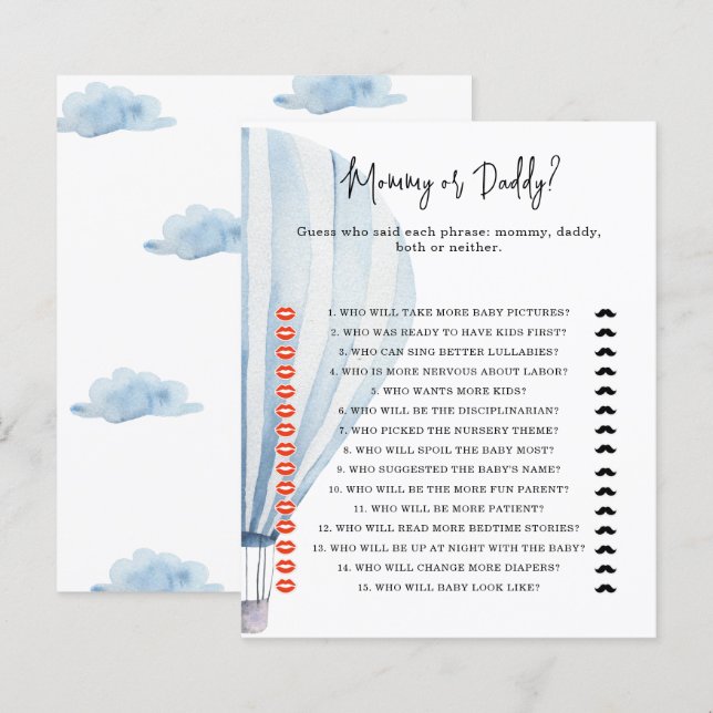 Hot air balloon - mommy or daddy baby shower game (Front/Back)