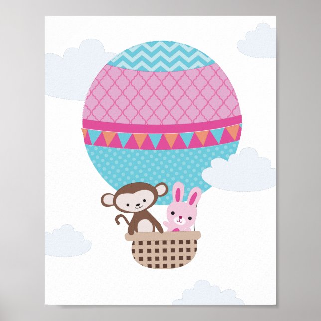 Hot Air Balloon Monkey and Bunny Nursery Art Poster (Front)