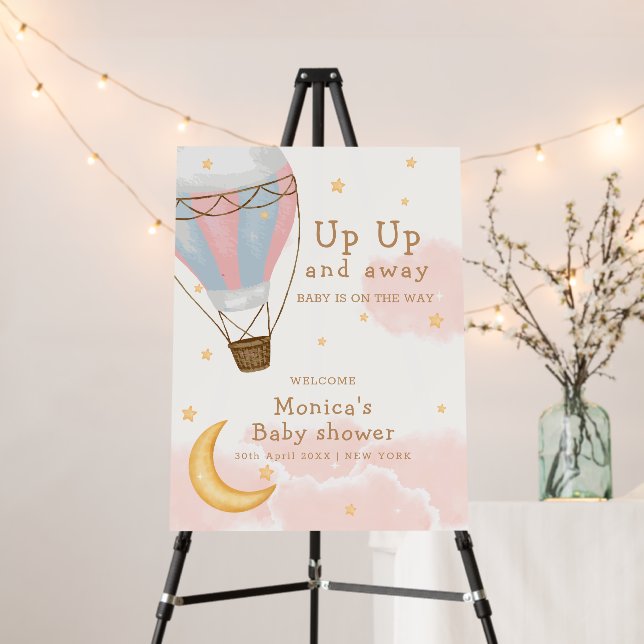 Hot Air Balloon Moon Star Baby Shower Welcome Sign (In Situ (Stand))