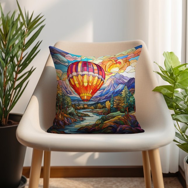 Hot Air Balloon Mountains Stained Glass Throw Pillow (Hot air balloon decorator pillow)