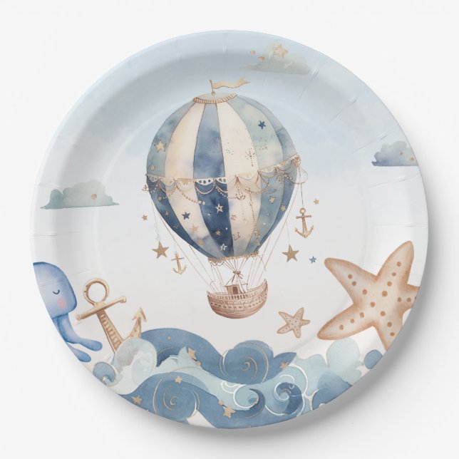 Hot Air Balloon Nautical Boy Baby Shower Paper Plates (Front)