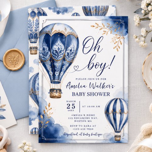 Hot Air Balloon Navy Baby Shower Invitation