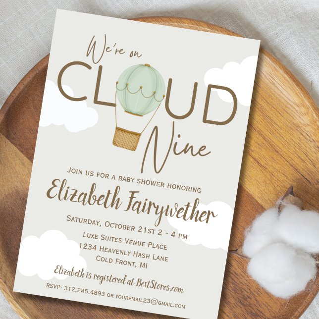 Hot Air Balloon On Cloud 9 Baby Shower Invitation (Creator Uploaded)