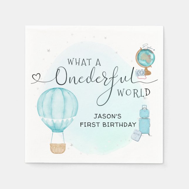 Hot Air Balloon ONEderful World 1st First Birthday Napkins (Front)