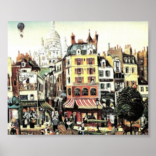 Hot Air Balloon over city  antique Poster (Front)