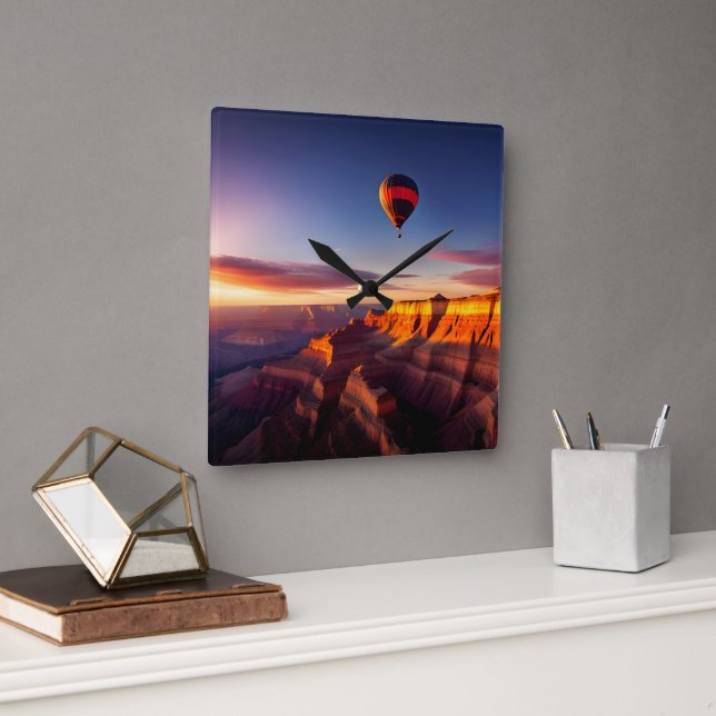Hot Air Balloon Over Grand Canyon Square Wall Clock (Office)