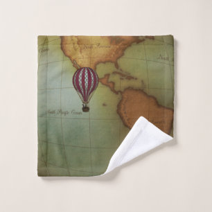 Hot Air Balloon Over Western Hemisphere Map Wash Cloth