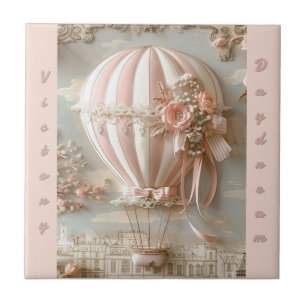 Hot Air Balloon Parisian Soft Pink Customizable  Ceramic Tile